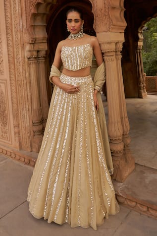 Nidhika Shekhar Gold Sequin Embroidered Lehenga Set 