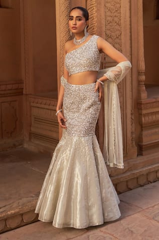 NIDHIKA SHEKHAR Silver Embellished Fishcut Lehenga Set 