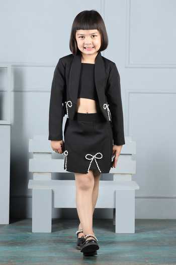 The Little Celebs Pearl Bow Embellished Blazer & Skirt Set 