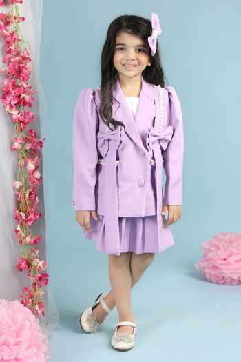 The Little Celebs Lilac Pearl Bow Embellished Blazer & Skirt Set 