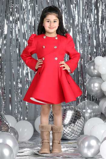 The Little Celebs Red Puff Sleeve Coat Dress 