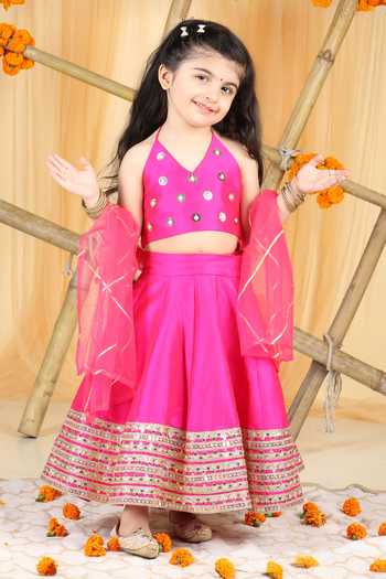 The Little Celebs Hot Pink Embroidered Lehenga Set 