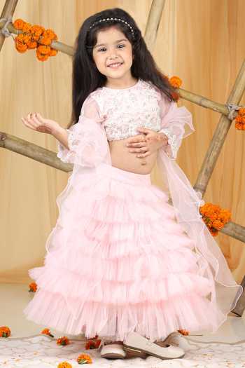 The Little Celebs Pearl Embellished Pink Lehenga Set 