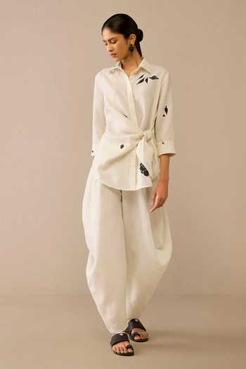 Ampm Ivory Flower Pattern Side Tie Shirt & Dhoti Pant 