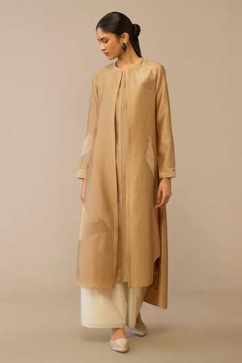 Ampm Beige Quilted Embroidered Jacket Palazzo Set 