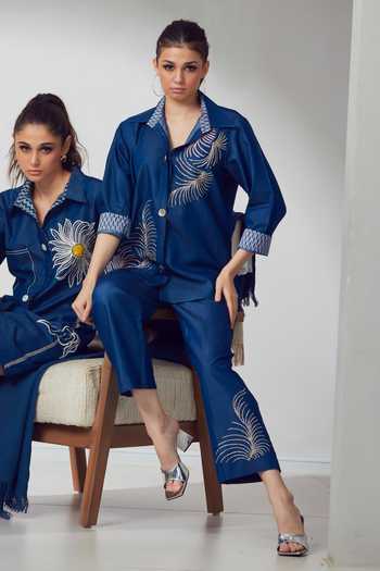 Shagun Nagi The Label Feather Embroidered Denim Shirt & Pant Set 