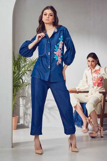 Shagun Nagi The Label Embroidered Denim Shirt & Pant Set 