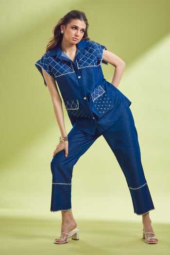 Shagun Nagi The Label Embroidered Denim Shirt & Pant Set 