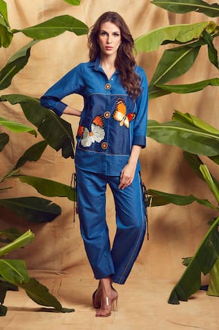 Butterfly Embroidered Denim Shirt & Pant Set 