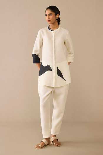 Ampm Ivory Bird Cow Pattern Shirt & Pant Set 
