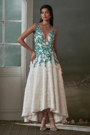 Ivory Layered Organza Asymmetric Dress 