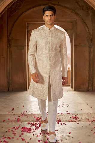 Nidhika Shekhar Floral Thread Embroidered Sherwani & Pant Set 