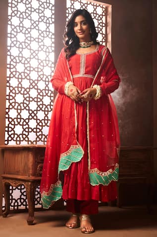 Almaari by Pooja Patel Red Mirror Embroidered Anarkali Set 