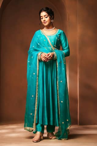 Almaari by Pooja Patel Zardozi Embroidered Peacock Blue Anarkali Set 