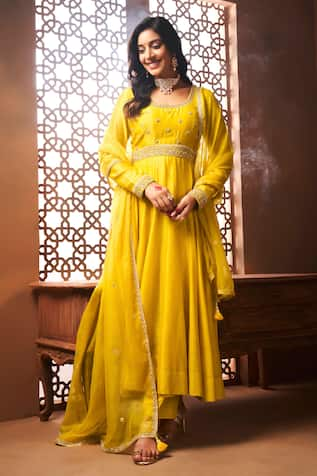 Almaari by Pooja Patel Yellow Zardozi Embroidered Anarkali Set 