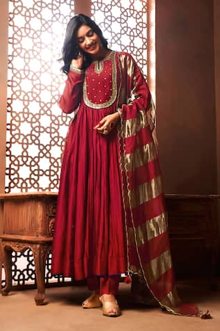 Almaari by Pooja Patel Red Sequin Yoke Anarkali Set 