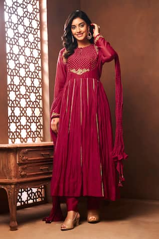 Almaari by Pooja Patel Red Aari Embroidered Anarkali Set 