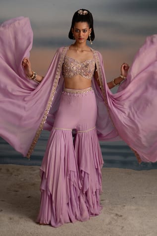 SHASHANK ARYA Zari Embroidered Cape Layered Sharara Set 