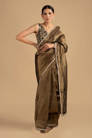 Zal From Benaras Black Hand Woven Stripe Saree & Floral Blouse 