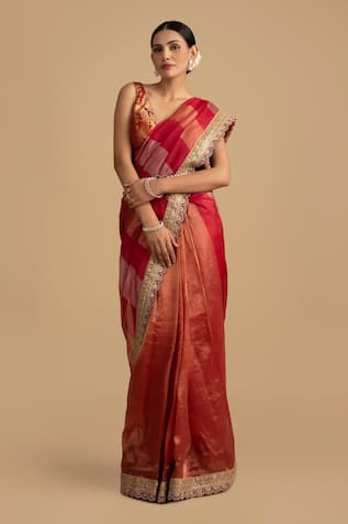 Zal From Benaras Floral Stripe Scallop Hem Saree Set 
