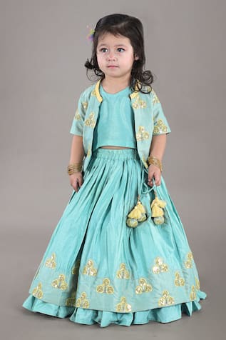 Little Brats Aqua Blue Sequin Embroidered Lehenga Set 