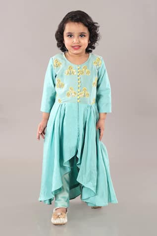 Little Brats Floral Embroidered Aqua Green Anarkali Set 