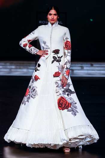 Rohit Bal Rose Print Quilted Long Jacket 