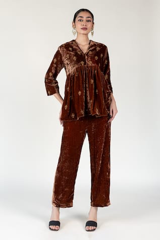 Nirjara Brown Aari Embroidered Peplum Top & Pant Set 