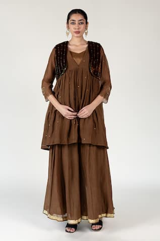 Nirjara Flower Beaded Brown Silk Velvet Koti 