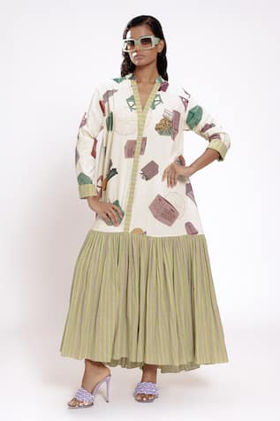 DOH TAK KEH Ivory Green Color Block Printed Maxi Dress 