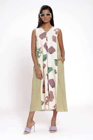 DOH TAK KEH Color Block Flower Market Midi Dress 