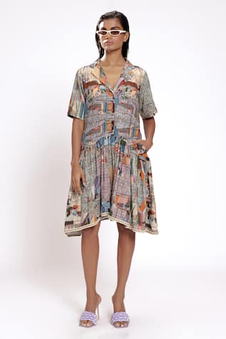 DOH TAK KEH Grey Scenic Print Asymmetric Gathered Dress 