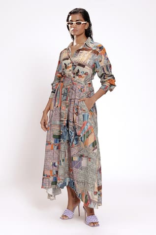 DOH TAK KEH Grey Scenic Print Asymmetric Shirt Dress 