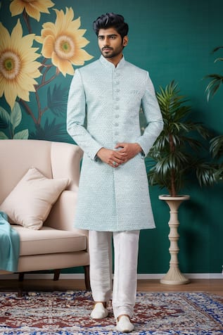 Blue Sequin Jaal Embroidered Sherwani Set 
