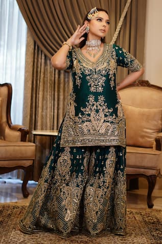 Aafiya Silk Chanderi Embroidered Kurta Flared Pant Set 