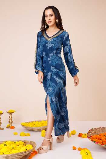 Label Niyami Celtic Blue Blossom Print Draped Dress 