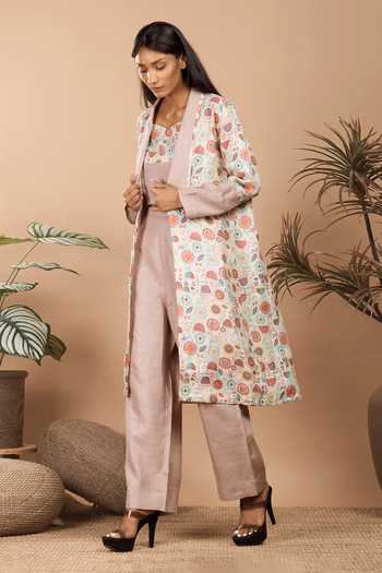 Label Niyami Brown Abstract Print Jacket Pant Set 
