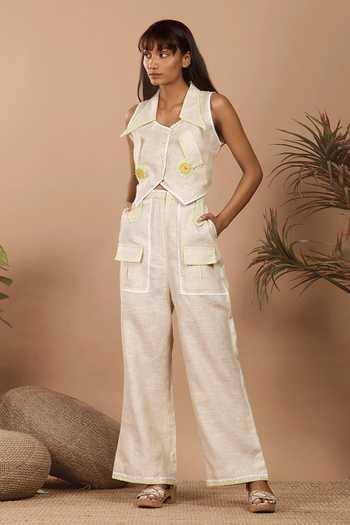 Label Niyami Floral Patch Embroidered Crop Top & Pant Set 