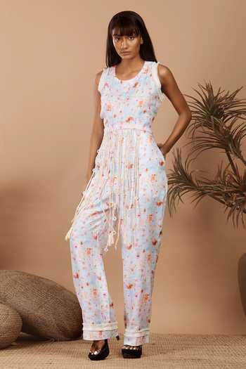 Label Niyami Abstract Print Fringed Top & Pant Set 