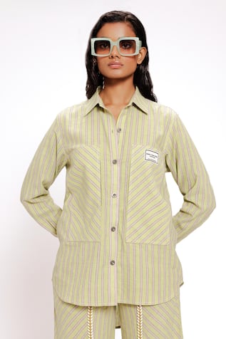 DOH TAK KEH Woven Stripe Green Shirt 