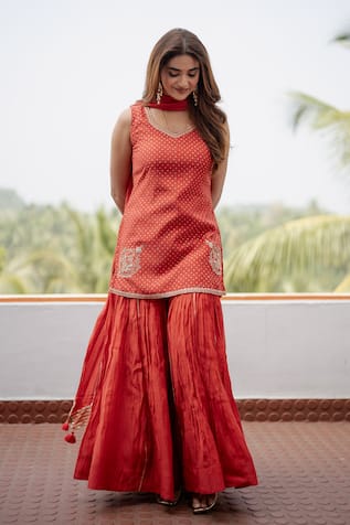 Almaari by Pooja Patel Red Aari Embroidered Kurta Sharara Set 