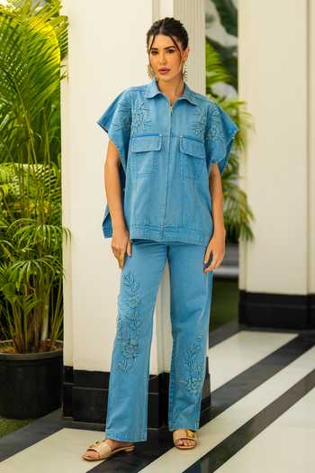 Kay Kay Floral Embroidered Denim Top & Pant Set 