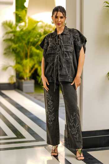 Kay Kay Black Floral Embroidered Denim Pant Set 