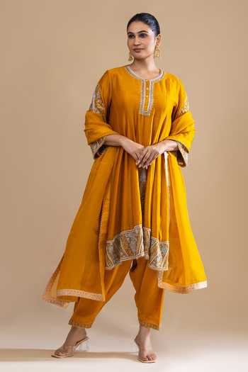 Label Radini Aari Pearl Embroidered Yellow Choga Kurta Set 
