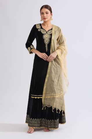 Gota Embellished Black Kurta Skirt Set 