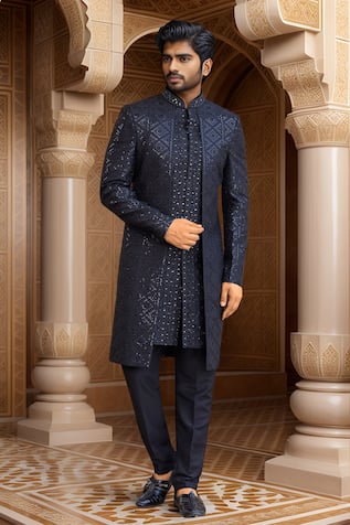 Black Thread Work Embroidered Sherwani Set 