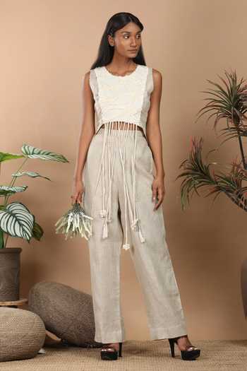 Label Niyami Beige Textured Fringe Top & Pant Set 
