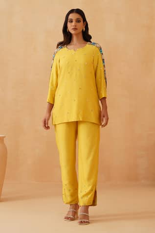 Rishika Singh Short Kurta Set with Bloom Embroidered Sleeves 