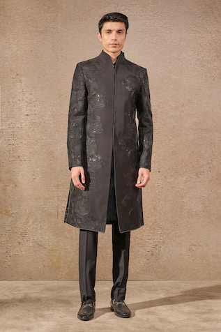 Tarun Tahiliani Floral Embroidered Black Sherwani Set 