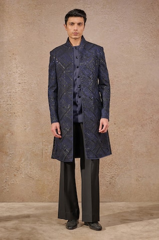 Navy Blue Resham & Sequin Sherwani Set 